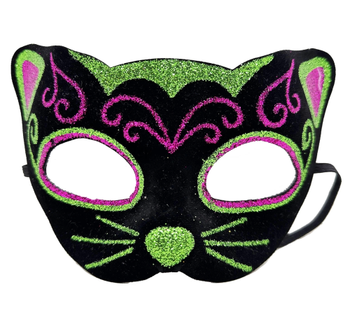 Siyah Kadife Kaplama Üzeri Pembe Yeşil Sim İşlemeli Kedi Maskesi 20x13 Cm Siyah Kadife Kaplama Üzeri Pembe Yeşil Sim İşlemeli Kedi Maskesi 20x13 Cm