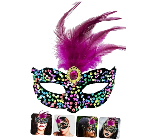 Siyah Kadife Üzeri Rengarenk Payetli Pullu Pembe Tüylü Pembe Taşlı Parti Maskesi 19x21 Cm Siyah Kadife Üzeri Rengarenk Payetli Pullu Pembe Tüylü Pembe Taşlı Parti Maskesi 19x21 Cm
