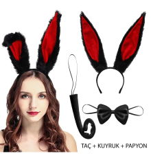 Siyah Kırmızı Renk Peluş Tavşan Kulak Papyon Kuyruk Yetişkin Boy