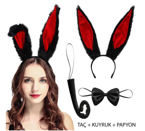 Siyah Kırmızı Renk Peluş Tavşan Kulak Papyon Kuyruk Yetişkin Boy Siyah Kırmızı Renk Peluş Tavşan Kulak Papyon Kuyruk Yetişkin Boy