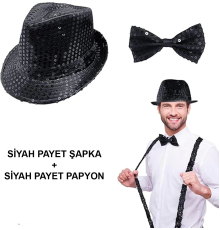Siyah Payetli Şapka Ve Papyon Seti – Parıltılı Yetişkin Kostüm Seti