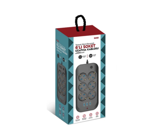Termal Akım Korumalı, Çocuk Korumalı, 6’lı 2 Mt Uzatma Kablosu 6 X Priz, 3 X Usb