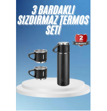 Termos Paslanmaz Çelik Termos Siyah Renk 3 Bardaklı Termos Seti