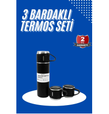 Termos Seti 3'lü Bardak Seti Isı Dayanıklı Siyah Paslanmaz Çelik Vakumlu