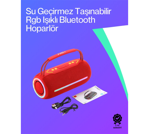 Torima Booms Box 360 RGB LED'li Taşınabilir Bluetooth Hoparlör – Kırmızı, USB/TF Destekli