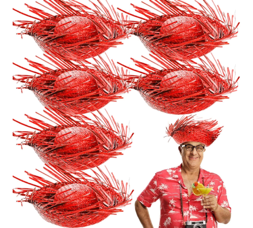 Tropikal Parti Kırmızı Hasır Hawaii Şapkası 13x36 Cm