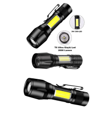 Ultra Çift Yönlü Güçlü Pilli Led El Feneri 2000 Lümen + 6w Cob Led Su Geçirmez Zoomlu 3 Modlu