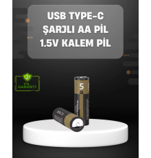USB Type-C Girişli Şarjlı AA Lityum Pil | 1.5V Sabit Çıkış | 3200mWh (2'li Paket)