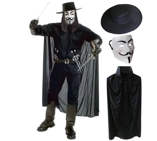 V For Vendetta Maskesi Şapkası Ve Pelerin Kostüm Seti Yetişkin Boy V For Vendetta Maskesi Şapkası Ve Pelerin Kostüm Seti Yetişkin Boy