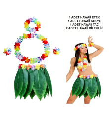 Yetişkin Hawaii Kostüm Seti - Yaprak Etek  Hawaii Set - 5 Parça