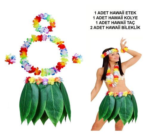 Yetişkin Hawaii Kostüm Seti - Yaprak Etek Hawaii Set - 5 Parça Yetişkin Hawaii Kostüm Seti - Yaprak Etek Hawaii Set - 5 Parça