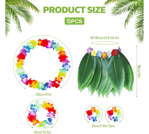 Yetişkin Hawaii Kostüm Seti - Yaprak Etek Hawaii Set - 5 Parça Yetişkin Hawaii Kostüm Seti - Yaprak Etek Hawaii Set - 5 Parça