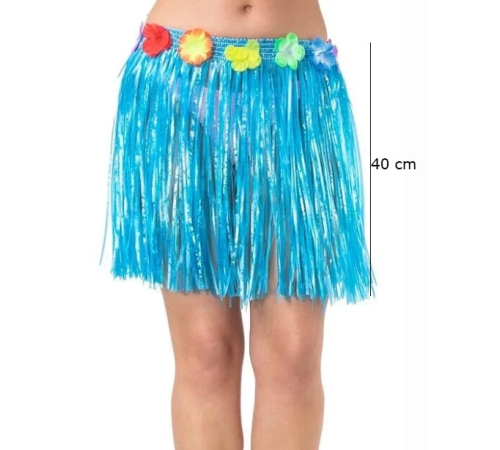 Yetişkin Ve Çocuk Uyumlu Mavi Renk Püsküllü Hawaii Luau Hula Etek 40 Cm