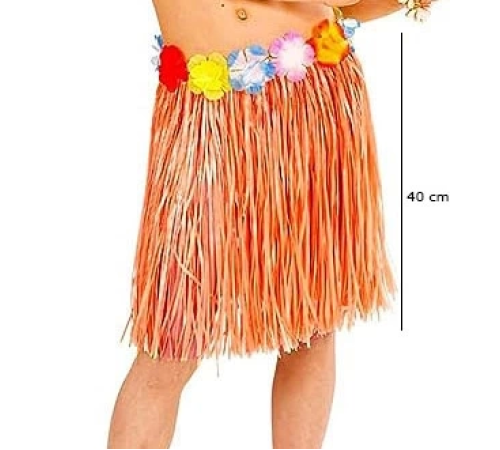 Yetişkin Ve Çocuk Uyumlu Turuncu Renk Püsküllü Hawaii Luau Hula Etek 40 Cm