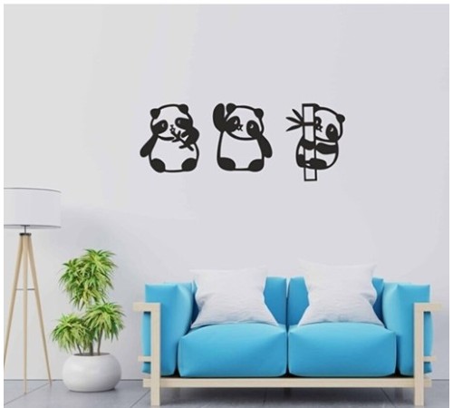 Duvar Dekor Süs Mdf Ahşap 3 Adet Panda 13 x 15 Siyah Renk