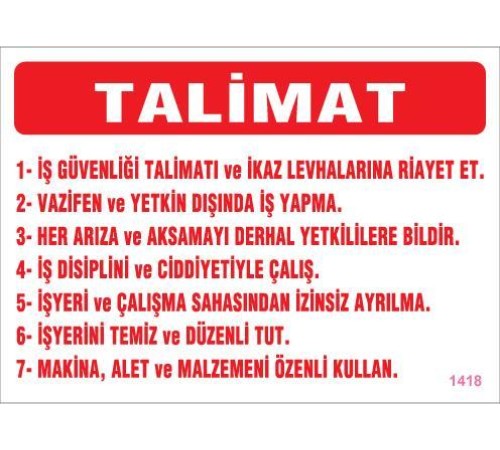 İş Güveliği Talimatları Levhası 25x35 KOD:1418 İş Güveliği Talimatları Levhası 25x35 KOD:1418