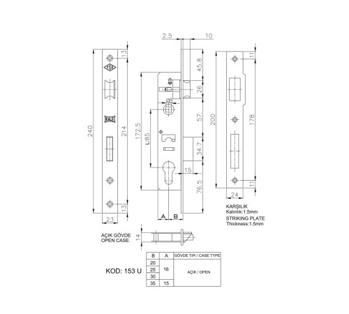 Kale 153 U 25 mm Dilli Silindirli Kilit Kale 153 U 25 mm Dilli Silindirli Kilit