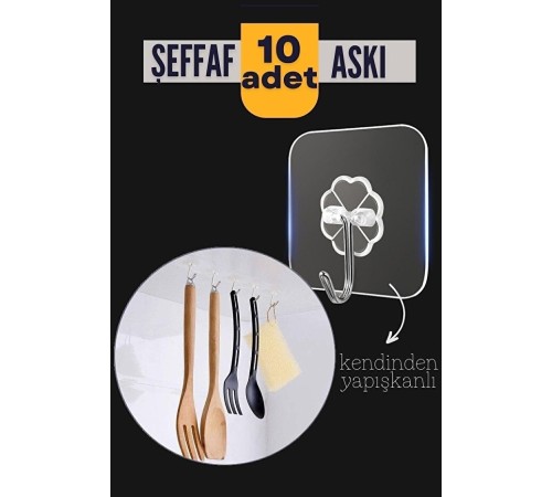 10'lu Şeffaf Kendinden Yapışkanlı Güçlü Askı Kancası, Banyo Mutfak Organizer, İz Bırakmaz Pratik Askı