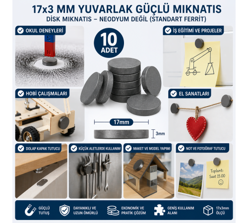 10 Adet Mıknatıs 17x3 mm Yuvarlak Güçlü Mıknatıs Disk Mıknatıs