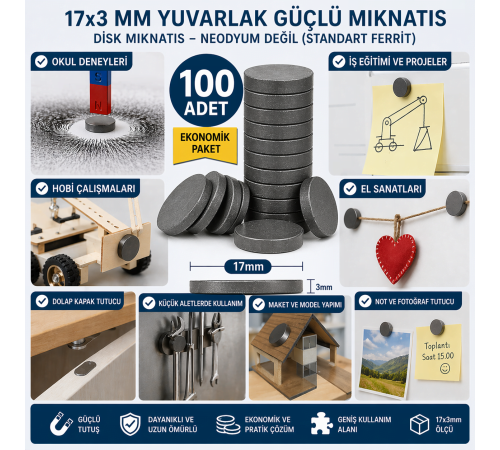 100 Adet Mıknatıs 17x3 mm Yuvarlak Güçlü Mıknatıs Disk Mıknatıs