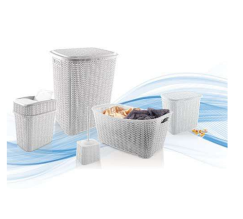 5 Parça Örgü Desenli Plastik Banyo Seti Çamaşır Sepeti Deterjanlık Çöp Kovası Klozet Fırçası - Gri