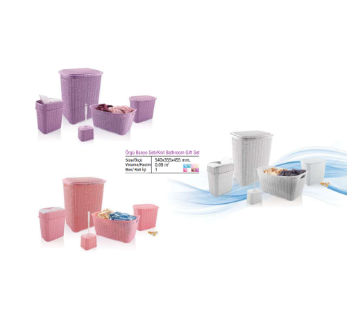 5 Parça Örgü Desenli Plastik Banyo Seti Çamaşır Sepeti Deterjanlık Çöp Kovası Klozet Fırçası - Mavi