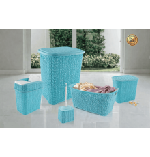 5 Parça Örgü Desenli Plastik Banyo Seti Çamaşır Sepeti Deterjanlık Çöp Kovası Klozet Fırçası - Mavi
