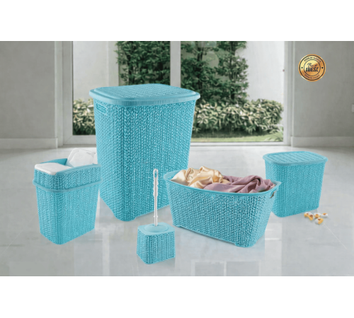 5 Parça Örgü Desenli Plastik Banyo Seti Çamaşır Sepeti Deterjanlık Çöp Kovası Klozet Fırçası - Mavi
