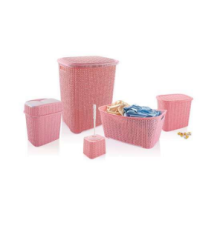 5 Parça Örgü Desenli Plastik Banyo Seti Çamaşır Sepeti Deterjanlık Klik Çöp Kovası Klozet Fırçası