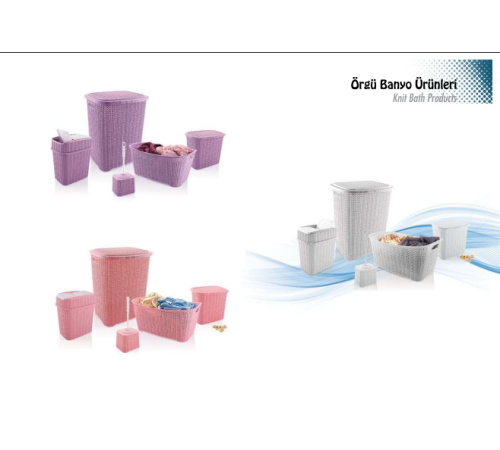 5 Parça Örgü Desenli Plastik Banyo Seti Çamaşır Sepeti Deterjanlık Klik Çöp Kovası Klozet Fırçası