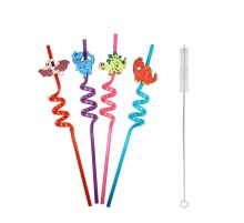 5 Parça Renkli Pipet Seti - Emojili Spiral Kokteyl- Çocuk Pipeti Temizleme Fırçalı