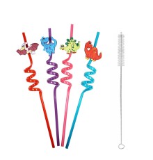5 Parça Renkli Pipet Seti - Emojili Spiral Kokteyl- Çocuk Pipeti Temizleme Fırçalı