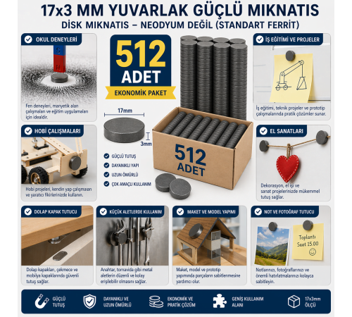 512 Adet Mıknatıs 17x3 mm Yuvarlak Güçlü Mıknatıs Disk Mıknatıs