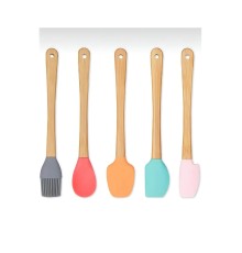 5&#39;li Renkli Ahşap Saplı Silikon Uçlu Spatula Fırçalı Kaşık Seti -Yemek Hazırlık Seti 21 Cm