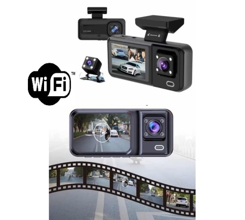Araç Kamerası - 3 Kameralı Wifi Ön , İç ve Arka Full HD DVR Araç İçi Ekranlı Kamera