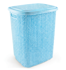 Kirli Çamaşır Sepeti Kapaklı 65 LT Örgü Desenli Plastik Çamaşır Sepeti Banyo Sepeti - Mavi