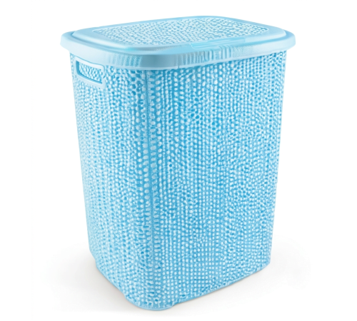 Kirli Çamaşır Sepeti Kapaklı 65 LT Örgü Desenli Plastik Çamaşır Sepeti Banyo Sepeti - Mavi
