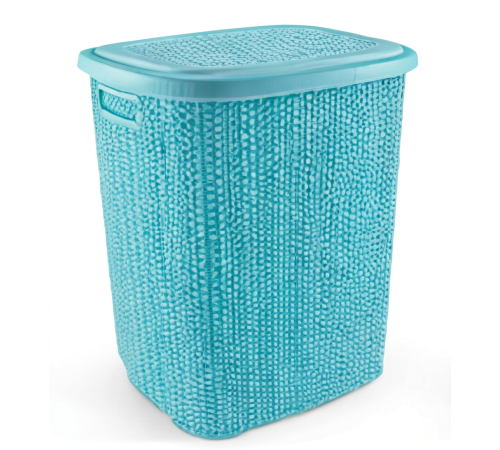 Kirli Çamaşır Sepeti Kapaklı 65 LT Örgü Desenli Plastik Çamaşır Sepeti Banyo Sepeti - Turkuaz