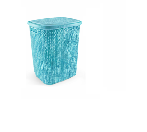 Kirli Çamaşır Sepeti Kapaklı 65 LT Örgü Desenli Plastik Çamaşır Sepeti Banyo Sepeti - Turkuaz