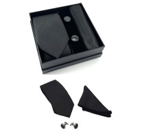 Kravat Düğme Set Siyah Desenli Kravat Mendil Kol Düğmesi Özel Set