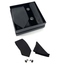 Kravat Düğme Set Siyah Desenli Kravat Mendil Kol Düğmesi Özel Set