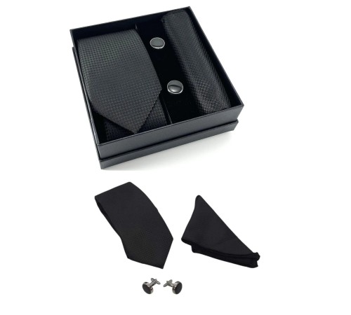 Kravat Düğme Set Siyah Desenli Kravat Mendil Kol Düğmesi Özel Set