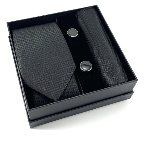 Kravat Düğme Set Siyah Desenli Kravat Mendil Kol Düğmesi Özel Set