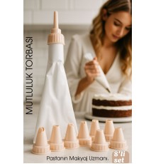 Profesyonel 8'li Krema Sıkma Torbası Seti | Pastacılık Dekorasyon Uçları ve Fırfır Başlıkları