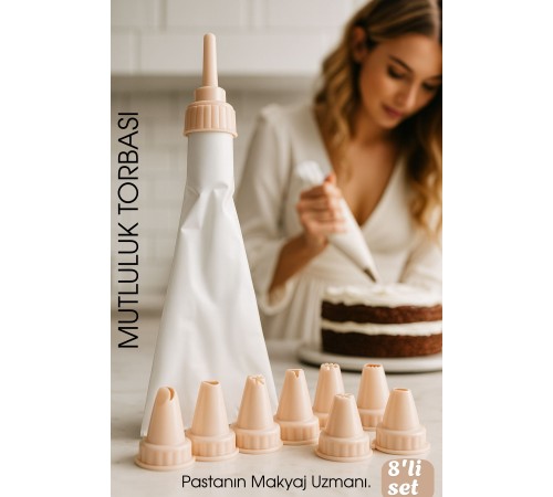Profesyonel 8'li Krema Sıkma Torbası Seti | Pastacılık Dekorasyon Uçları ve Fırfır Başlıkları
