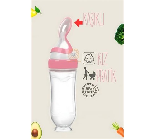 Kaşıklı Mama Silikon Biberon KIZ Bebek Besleyici Kaşıklı Mama Silikon Biberon KIZ Bebek Besleyici