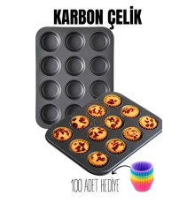 12 li Muffin Kalıbı Teflon Çelik 100 Muffin Kağıtlı