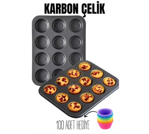12 li Muffin Kalıbı Teflon Çelik 100 Muffin Kağıtlı 12 li Muffin Kalıbı Teflon Çelik 100 Muffin Kağıtlı