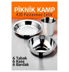 Paslanmaz Çelik Tabak Kase Bardak Seti Kamp Piknik Seti 18 adet