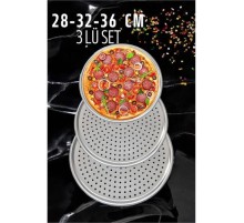 Delikli Pizza Lahmacun Tepsisi Çelik 28-32-36 CM 3 lü SET